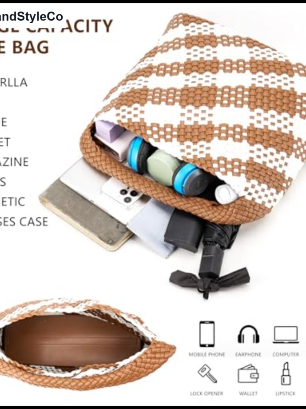 Woven Tote Bag for Women Vegan Leather Shoulder Handbag Large Beach Travel Bag - Picture 4 of 6